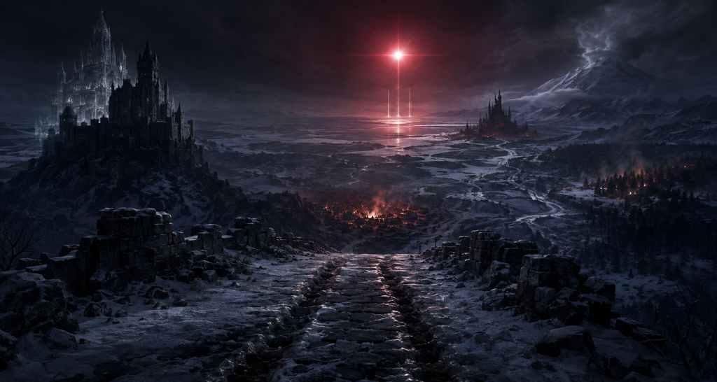 Two horse tracks leave a burning winter camp as the Hayholt overlaps an older reality beneath the Conqueror Star