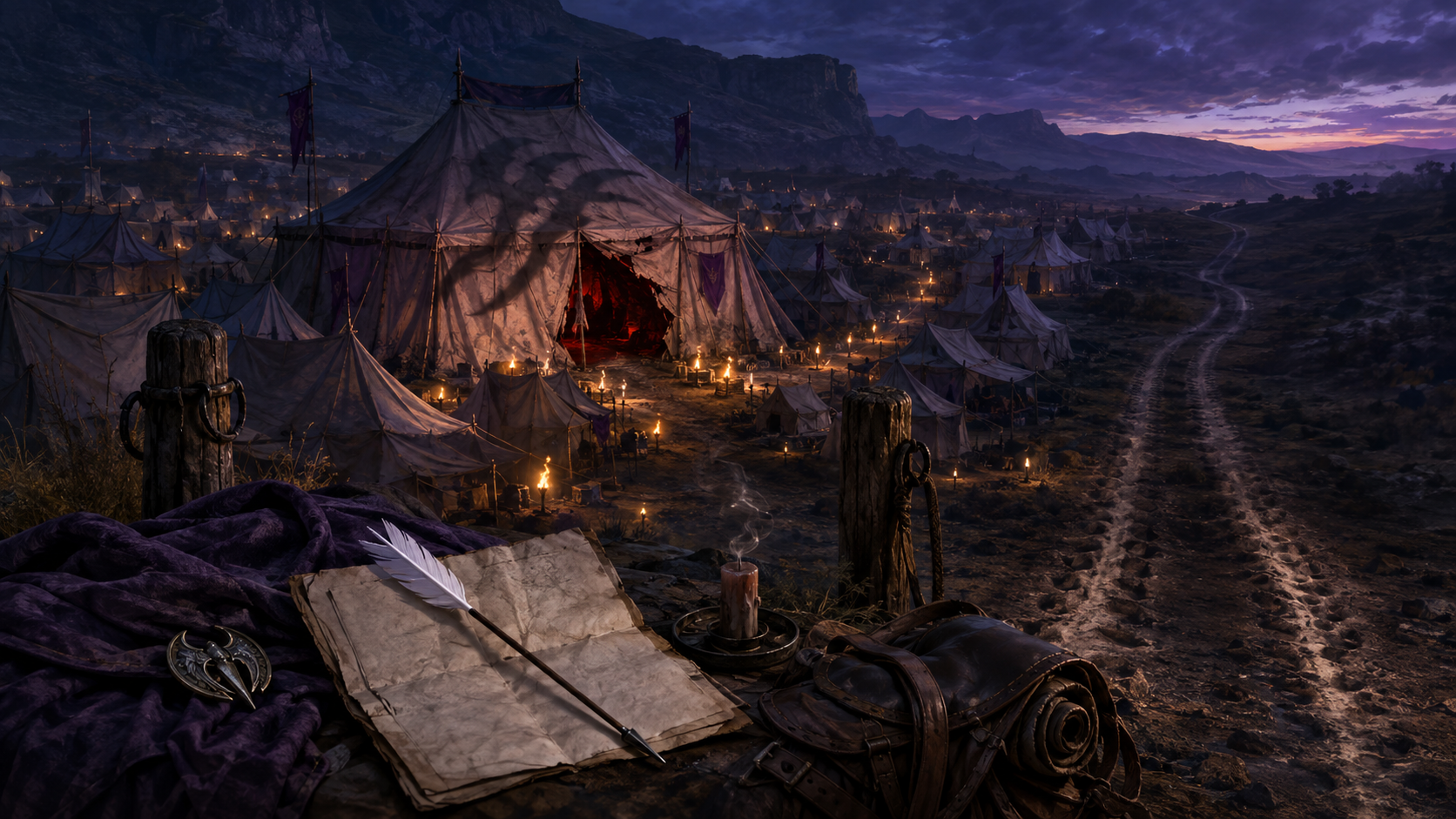 A breached resistance camp at dusk with a farewell letter, white-feathered arrow, empty hitching posts, and two horse-track paths leaving into darkness