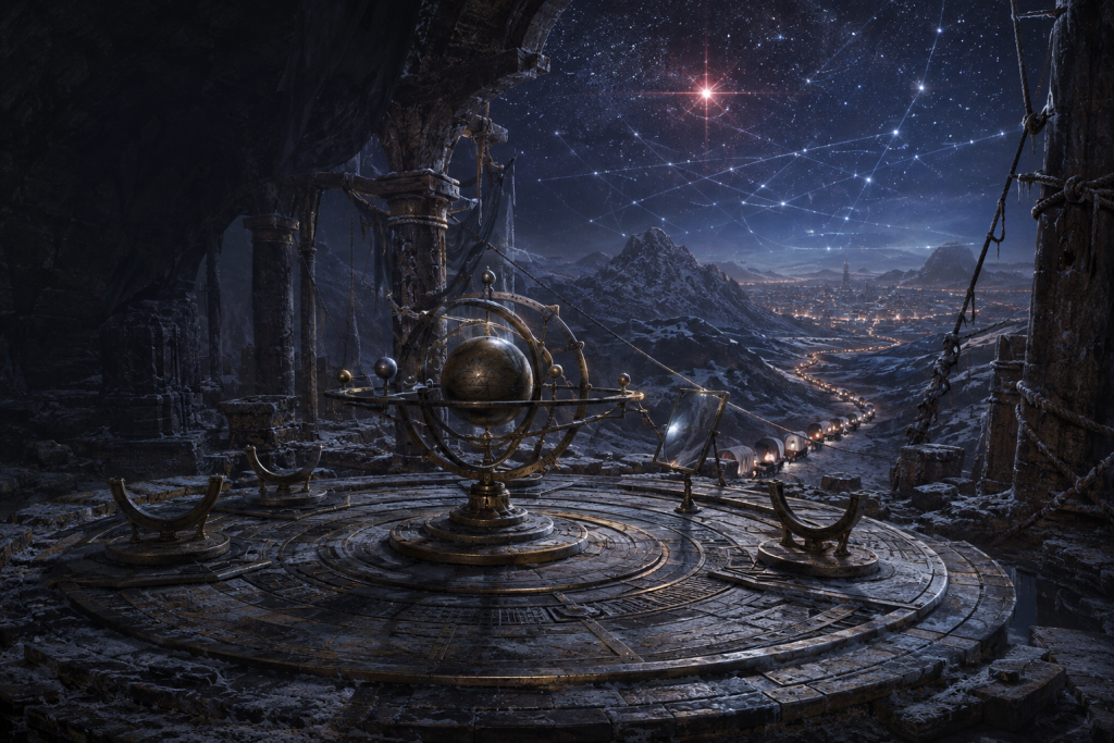 An ancient observatory with empty sword cradles and a mirror overlooks a winter caravan beneath the Conqueror Star