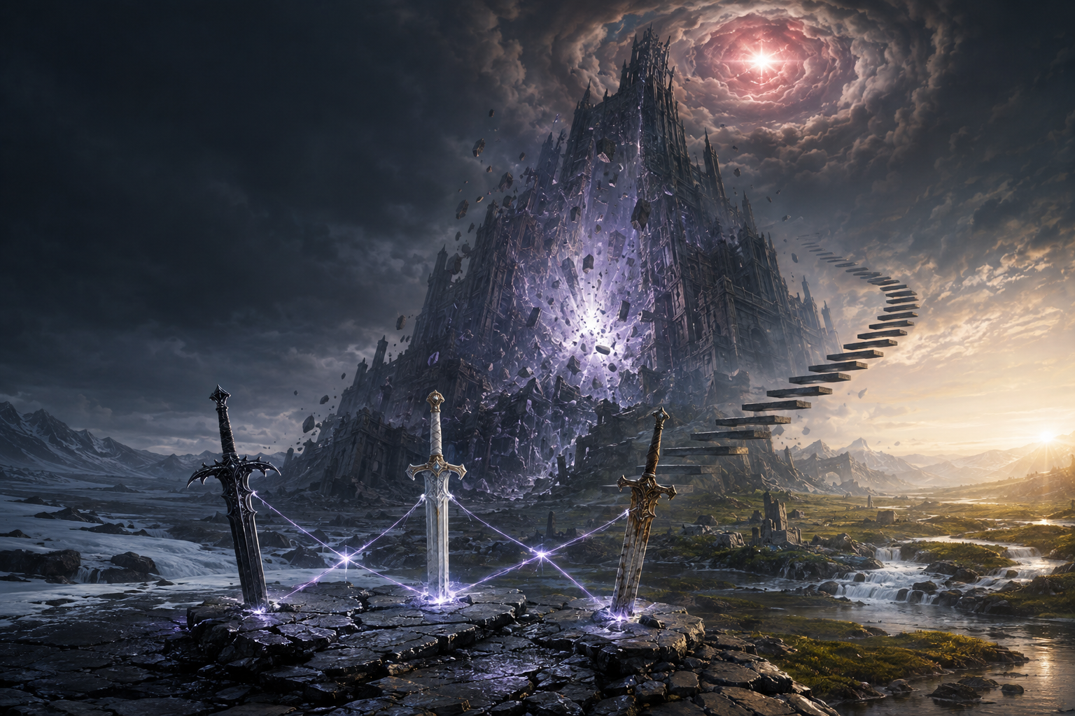 Green Angel Tower implodes around three joined swords as an impossible stair leads toward the breaking winter