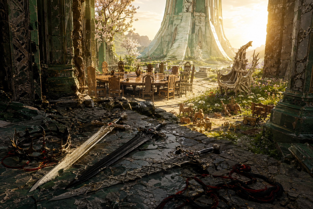 Three legendary swords fallen from a shattered ritual before a shared table, harmless throne, wooden toys, and wildflowers at dawn