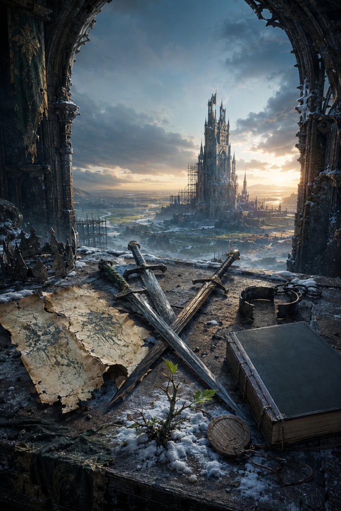 Three legendary swords cross like a trap beside a broken crown, open manacle, new book, and green thorn as the ruined tower is rebuilt at dawn