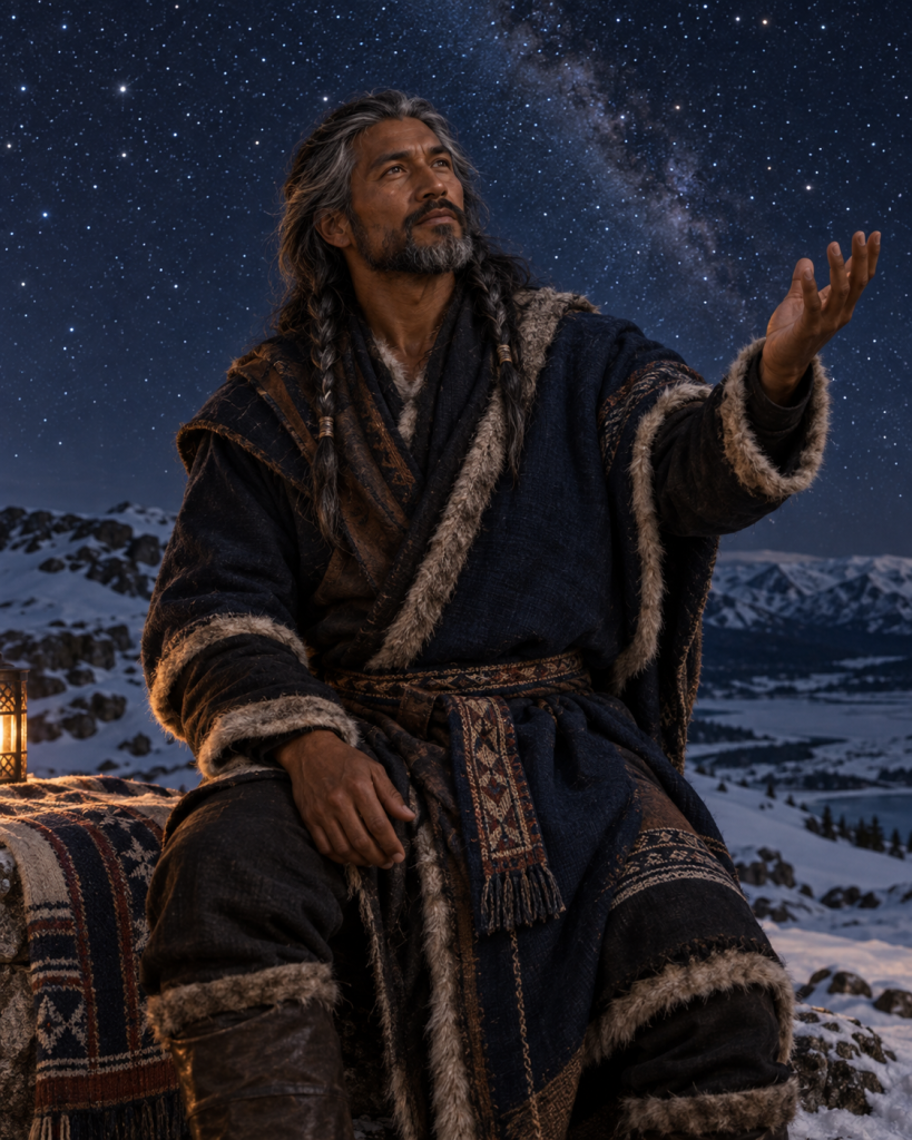 Tohuq, a handsome Qanuc devotional sky-lord, gestures toward the natural stars above a snowy plateau