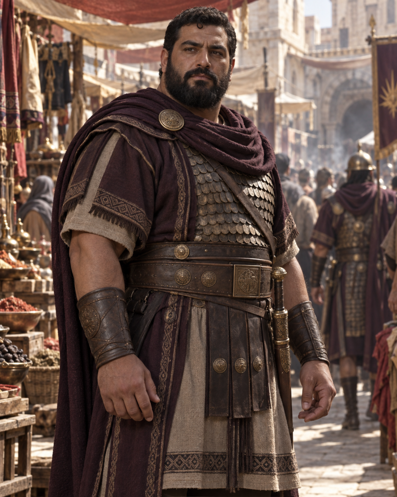 Turis, a handsome heavy bearded Nabbanai legionary, stands alive on Main Row