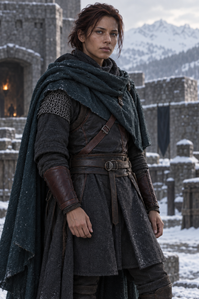 Ute, an attractive androgynous adult soldier of Saegard, stands alive in a snowy northern garrison