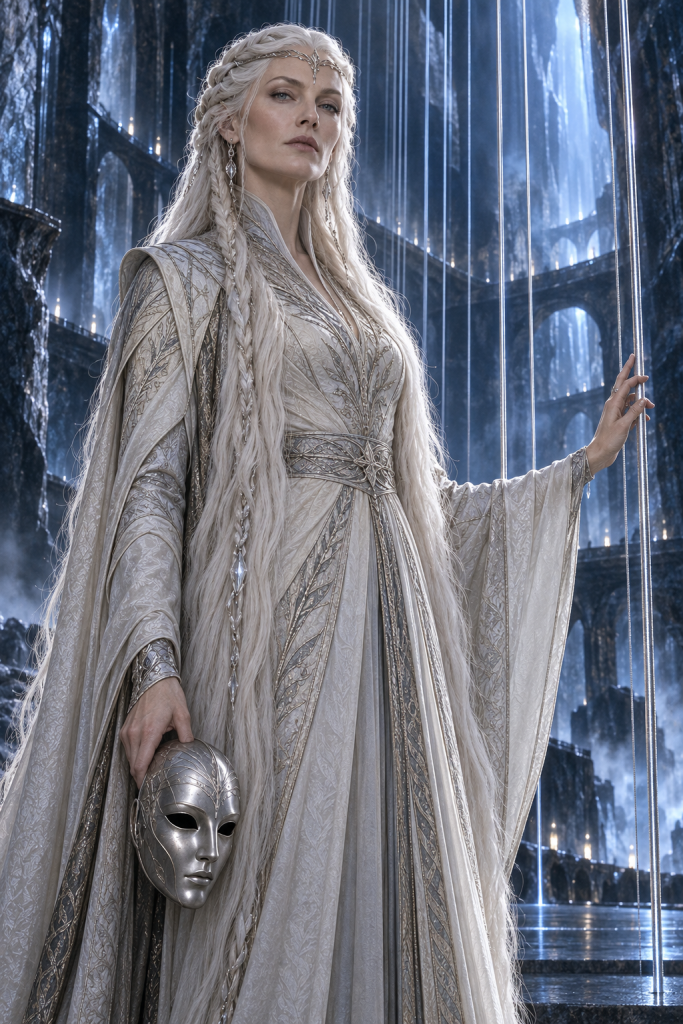 Utuk'ku holding her silver mask beside the strings of the Breathing Harp