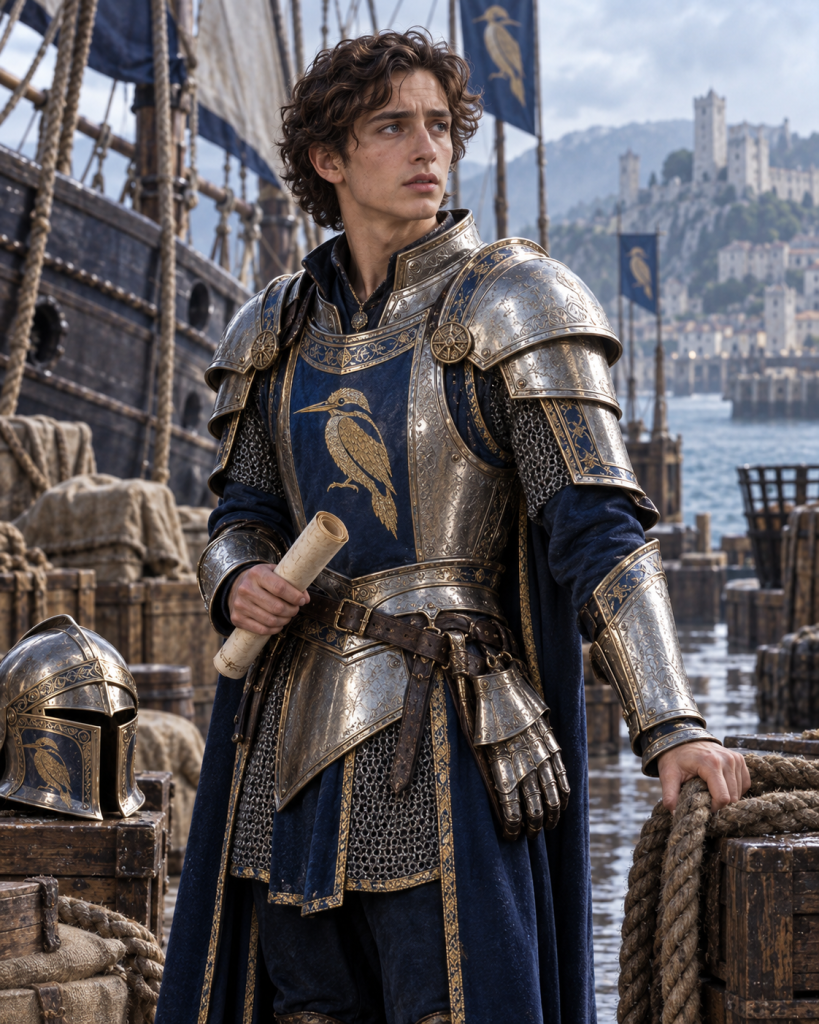 Varellan, a slight thin-faced young Nabbanai noble in gleaming ill-fitting armor, organizing the Crannhyr unloading
