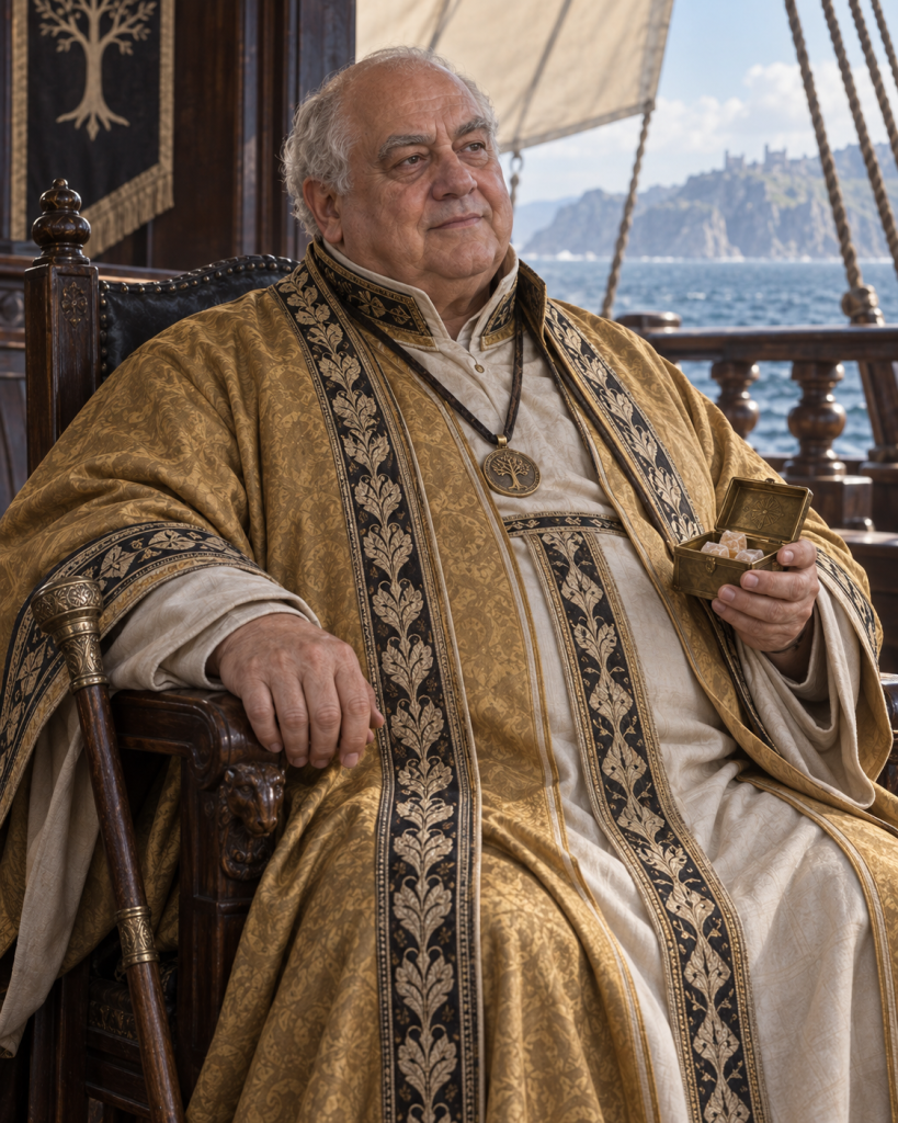 Lector Velligis seated in gold robes aboard Emettin Jewel with his brass casket of sugar-sweets