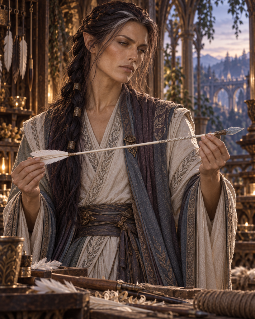 Vindaomeyo the Fletcher, reconstructed as an androgynous ancient Sitha master artisan examining the inscribed White Arrow