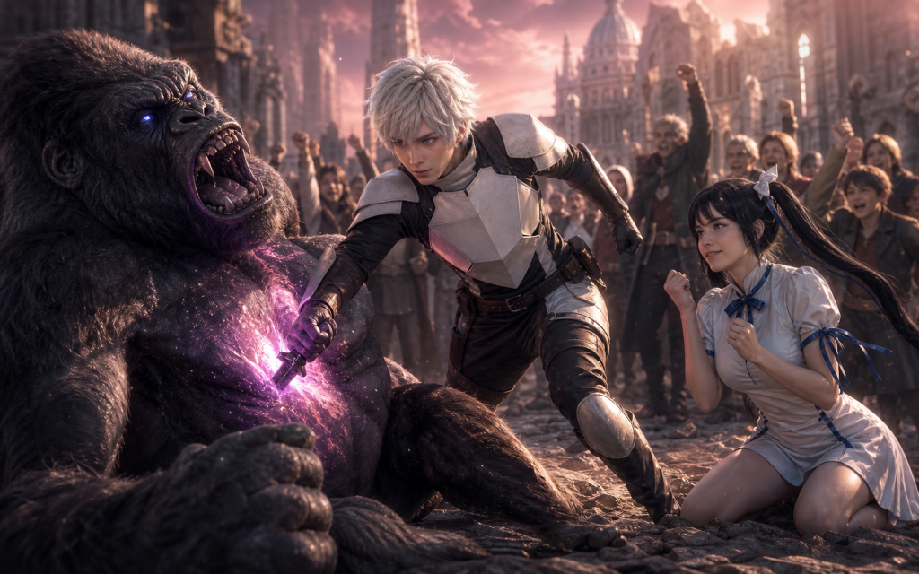 Bell drives the glowing Hestia Knife into the silverback’s magic-stone core
