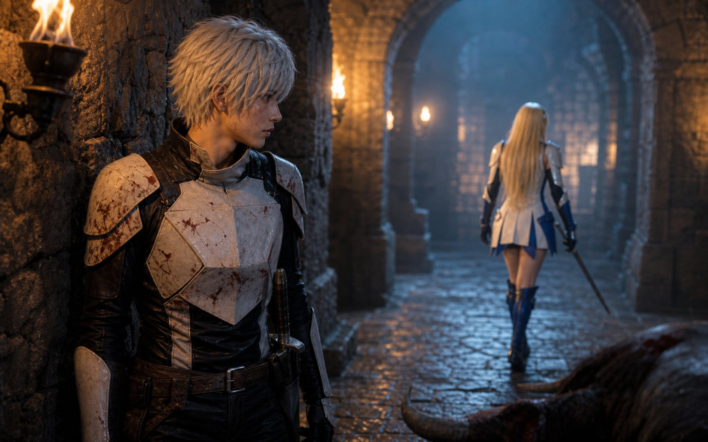 Bell watches Aiz walk away after she rescues him from the Minotaur
