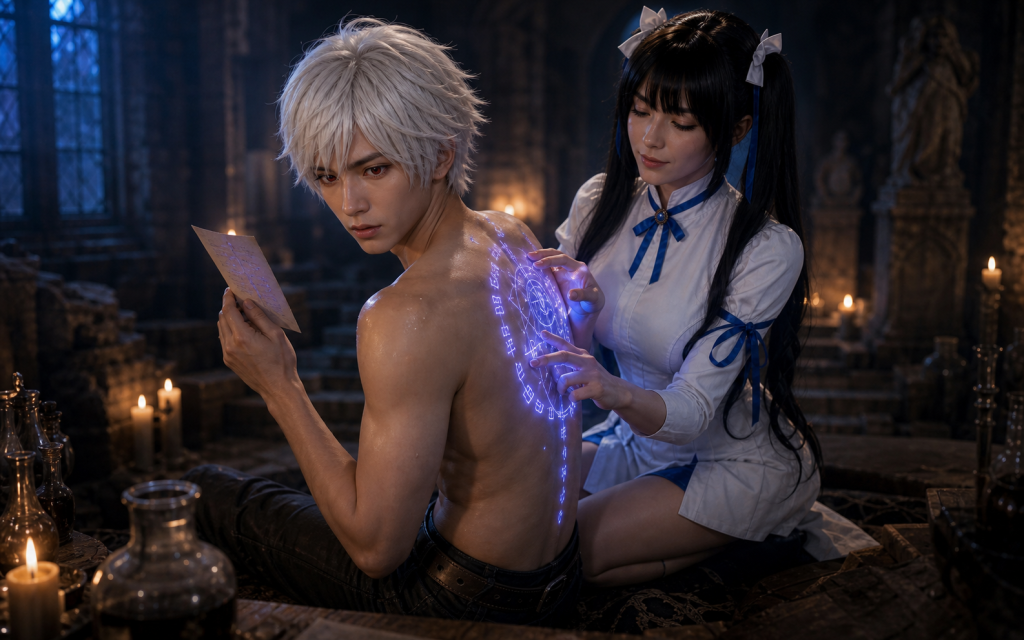 Hestia updates the glowing Falna on Bell’s back as he studies the impossible result