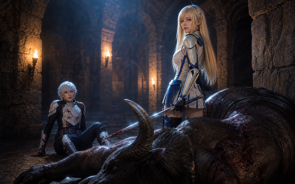 Aiz stands over a defeated Minotaur while Bell realizes the beautiful swordswoman rescued him