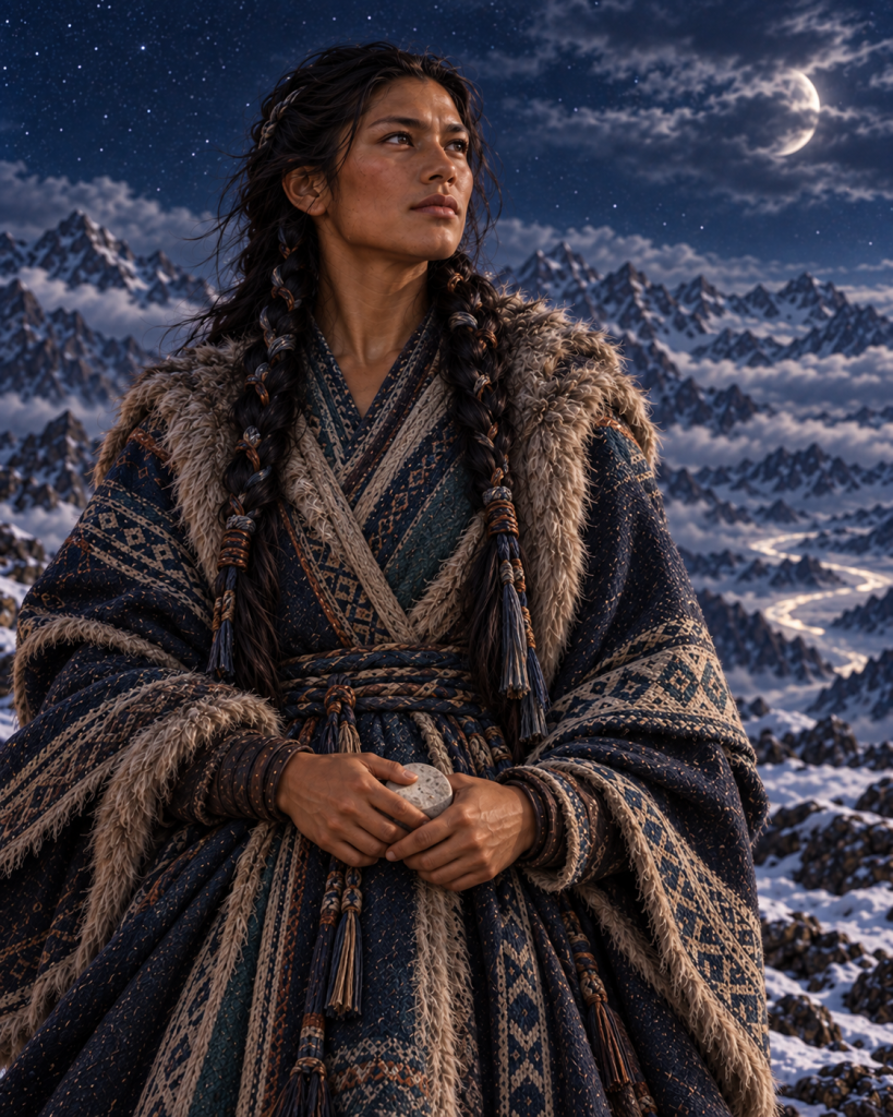 Yana, visualized in Qanuc sacred tradition as a beautiful young mountain woman beneath the returning moon