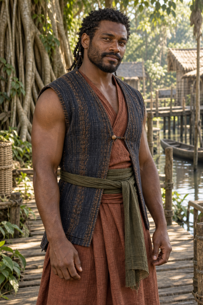 Younger Mogahib, a handsome Wrannaman man, stands healthy and alive in Village Grove