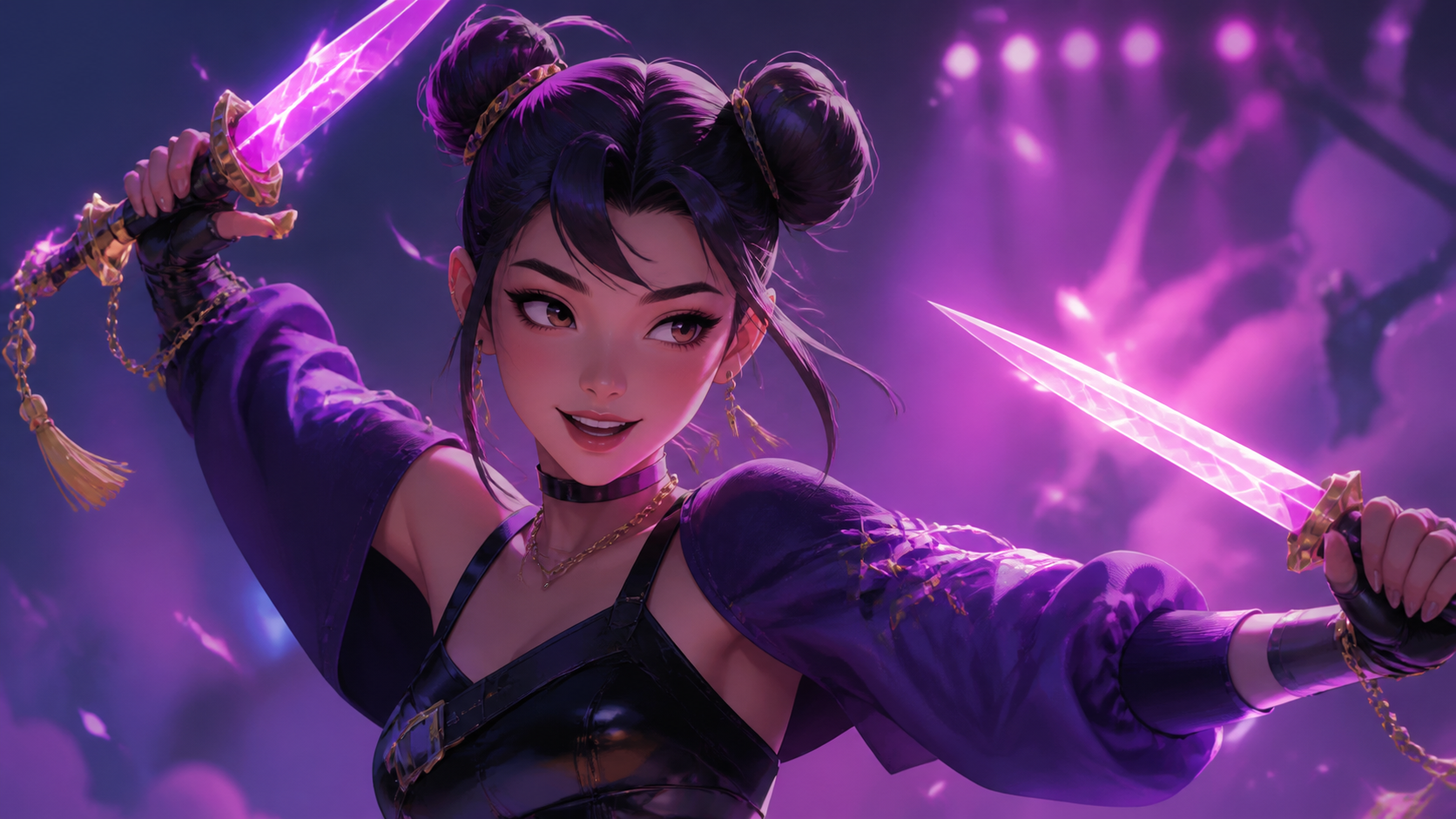 Original CVM Sekai fan art of Zoey moving with twin glowing ritual knives under electric purple light